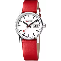 MONDAINE Evo2 30 Damen Bahnhofsuhr Big Date Saphirglas rot
