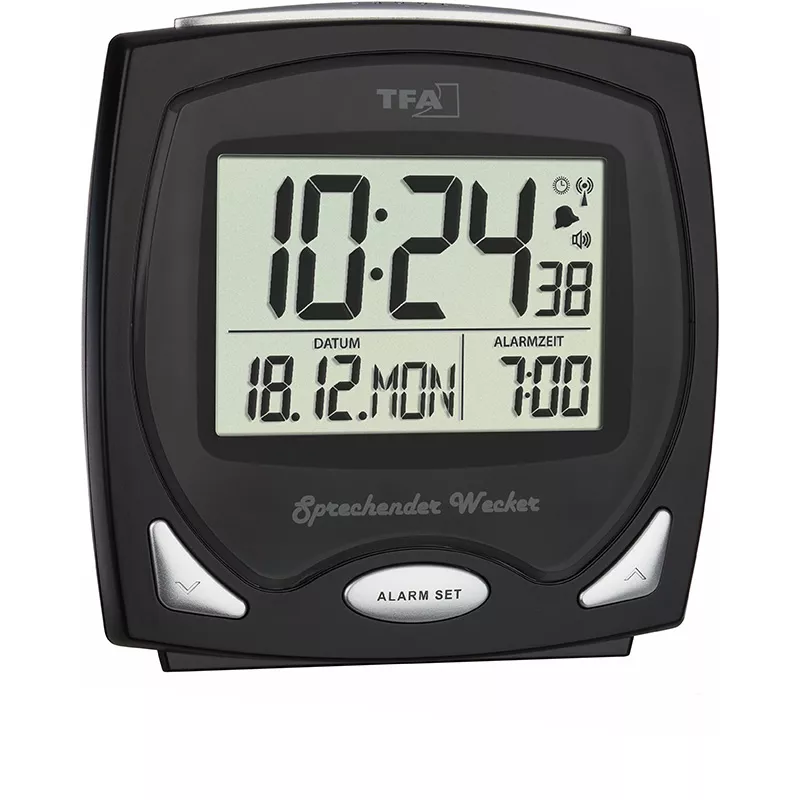 TFA Sprechender Funk-Wecker LCD Tischuhr schwarz