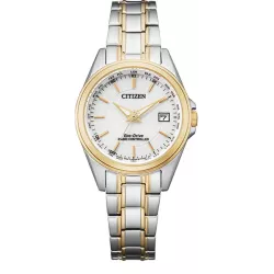 CITIZEN Damen-Funkuhr Eco-Drive Solar teilvergoldet weiss