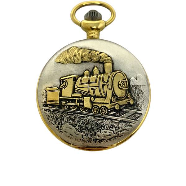 Retro Taschenuhr Handaufzug, Lokomotive teilvergoldet Retro Taschenuhr Handaufzug, Lokomotive teilvergoldet