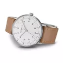 Junghans MAX BILL 34 Handaufzuguhr Stahl weiss Zahlen Leder beige