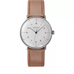 Junghans MAX BILL 34 Handaufzuguhr Stahl weiss Zahlen Leder beige