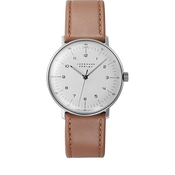 Junghans MAX BILL 34 Handaufzuguhr, Stahl weiss Zahlen Leder beige