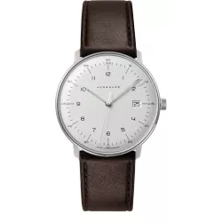 Junghans MAX BILL 38 Quartzuhr Stahl weiss Zahlen Leder