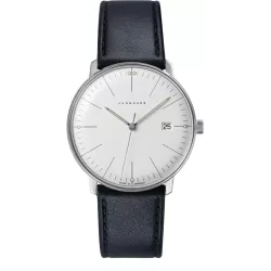 Junghans MAX BILL 38 Quartzuhr Stahl weiss Index Leder
