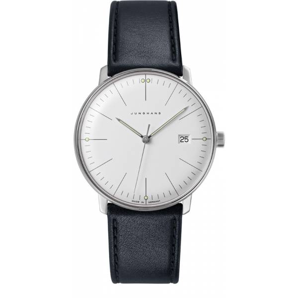 Junghans MAX BILL 38 Quartzuhr, Stahl weiss Index Leder