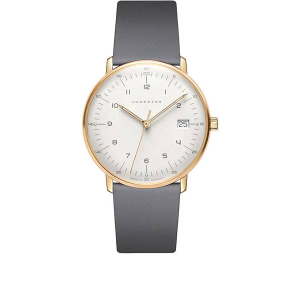 Junghans MAX BILL 33 Quartzuhr, rosé weiss Zahlen Leder grau