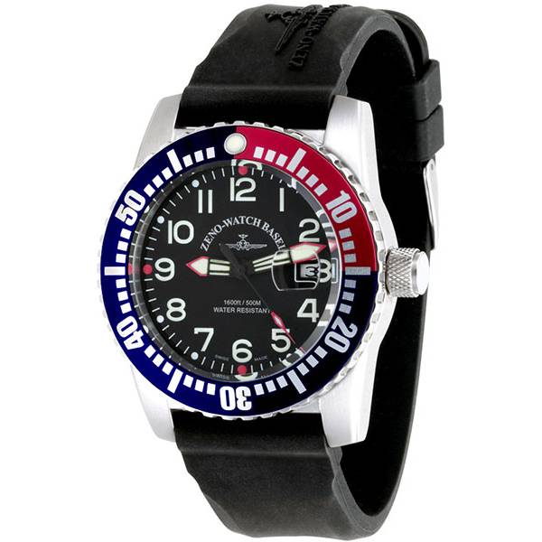 ZENO-WATCH BASEL, Airplane Diver, XL Taucheruhr Quartz, blau-rot