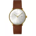 Junghans MAX BILL 38 Automatikuhr vergoldet hellgrau Index Leder