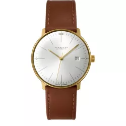 Junghans MAX BILL 38 Automatikuhr vergoldet hellgrau Index Leder