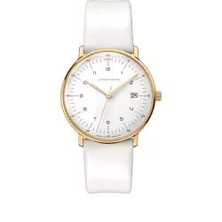 Junghans MAX BILL 33 Quartzuhr vergoldet weiss Zahlen Leder