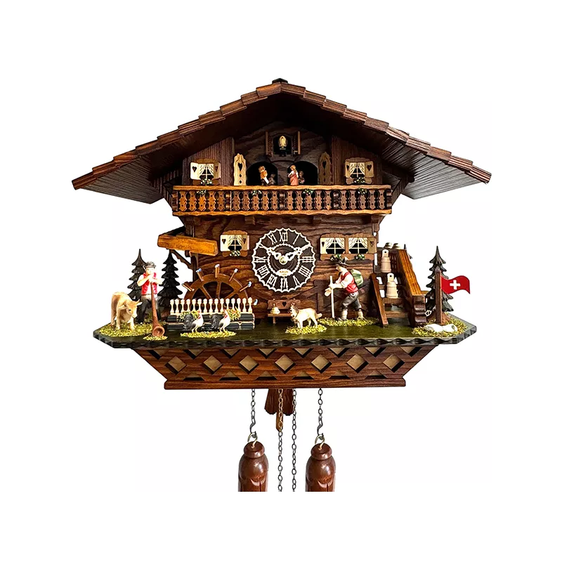 Kuckucksuhr Chalet Swiss Holz Q-Wanduhr XL Alphorn mit Kuh
