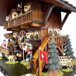 Kuckucksuhr Chalet Swiss Holz Q-Wanduhr XL Alphorn mit Kuh