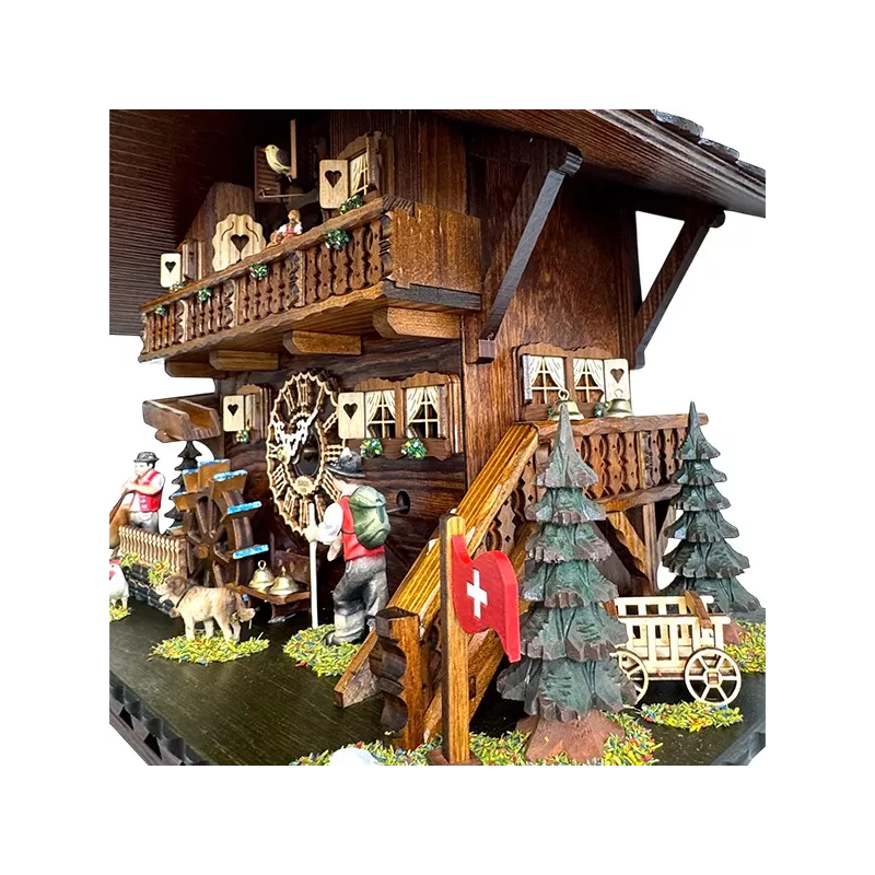 Kuckucksuhr Chalet Swiss Holz Q-Wanduhr XL Alphorn mit Kuh