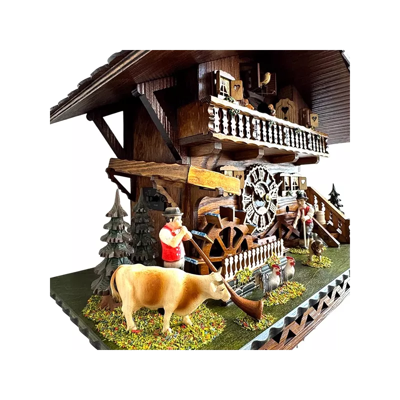 Kuckucksuhr Chalet Swiss Holz Q-Wanduhr XL Alphorn mit Kuh
