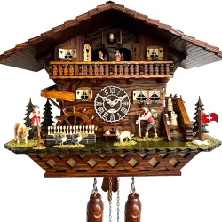 Kuckucksuhr Chalet Swiss Holz Q-Wanduhr XL Alphorn mit Kuh