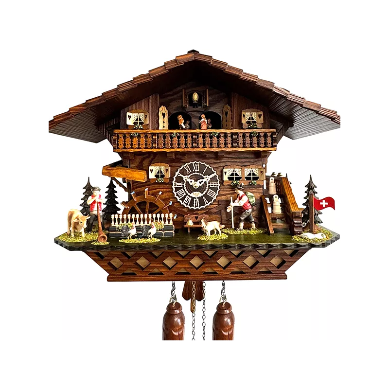 Kuckucksuhr Chalet Swiss Holz Q-Wanduhr XL Alphorn mit Kuh