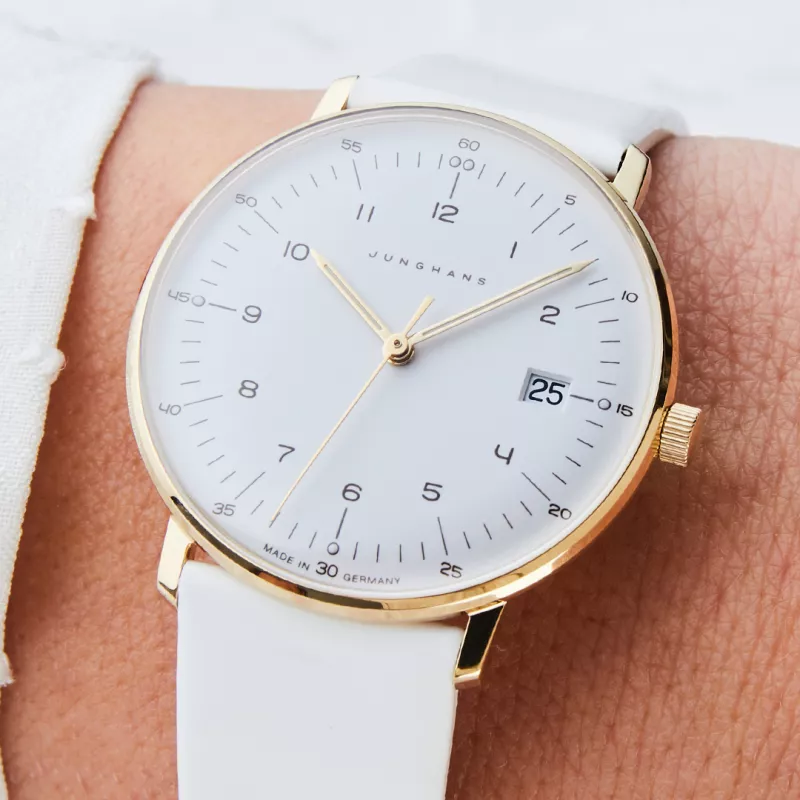 Junghans MAX BILL 33 Quartzuhr vergoldet weiss Zahlen Leder