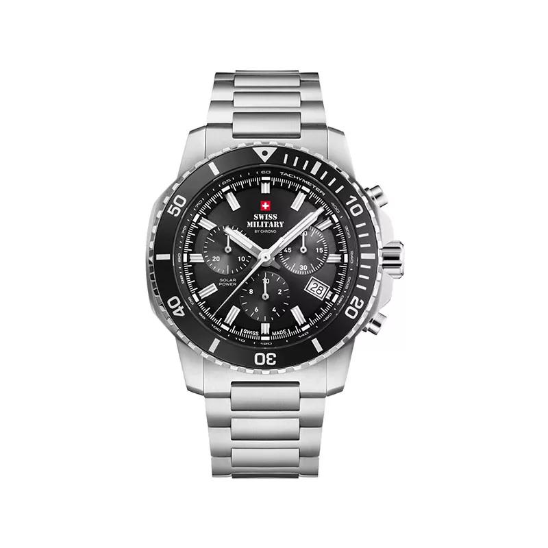 SWISS MILITARY Solar Chronograph 43 Edelstahl schwarz MB