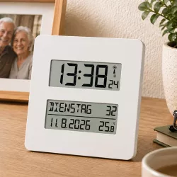 TFA LCD Funk Tisch-Wanduhr mit ausgeschriebenem Wochentag
