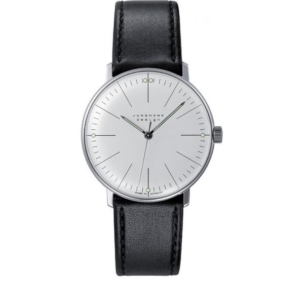 Junghans MAX BILL 34 Handaufzuguhr, Stahl weiss Index Leder