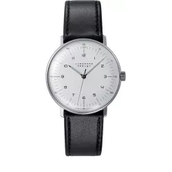 Junghans MAX BILL 34 Handaufzuguhr Stahl weiss Zahlen Leder schwarz
