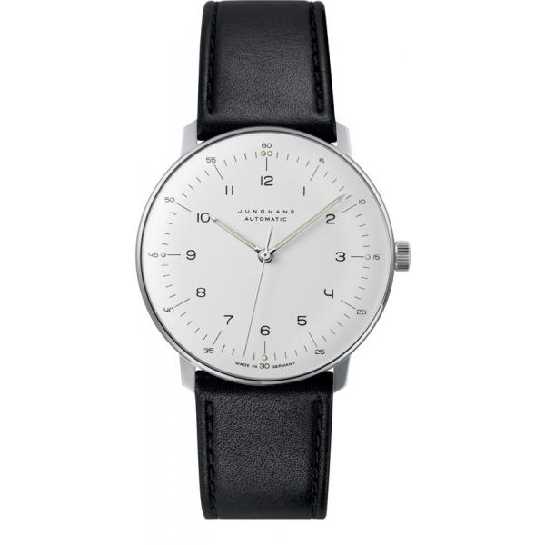 Junghans MAX BILL 38 Automatikuhr, Stahl weiss Zahlen Leder