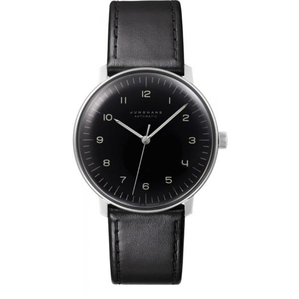 Junghans MAX BILL 38 Automatikuhr, Stahl schwarz Zahlen Leder