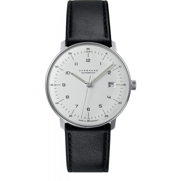 Junghans MAX BILL 38 Automatikuhr, Stahl weiss Zahlen Leder Datum