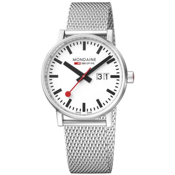 MONDAINE Evo2 40, Bahnhofsuhr, Big Date, Saphirglas Milanaise