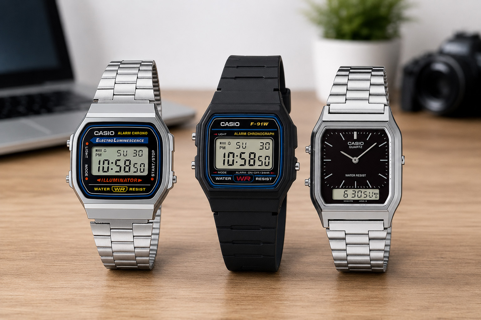 Three Casio watches lined up on a wooden desk with a camera and laptop blurred in the background, from left to right (silver metal strap, black resin strap, silver metal strap).