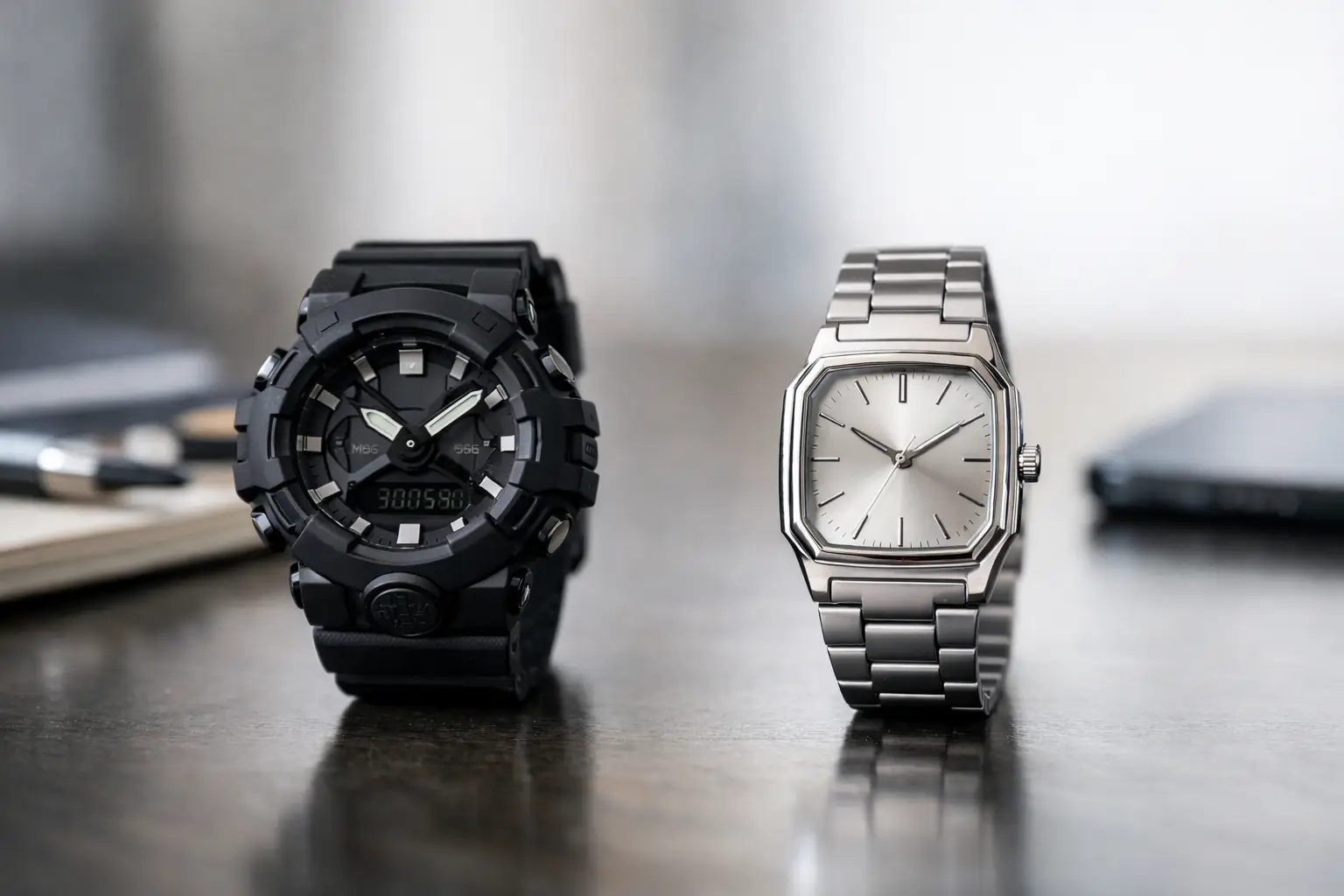 Two wristwatches sit on a reflective surface: a large black rugged digital-analog model on the left and a slim silver metal-bracelet analog watch on the right.