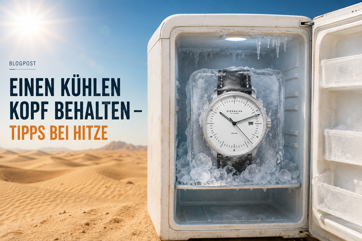 Blogpost hero: a watch encased in ice inside an open refrigerator, with a sunny desert backdrop and the headline on the left.