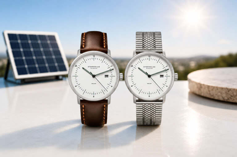 Two minimalist solar-powered watches sit side by side on a white surface, one with a brown leather strap and the other with a silver metal bracelet, sunny outdoor backdrop with a tilted solar panel in the background.