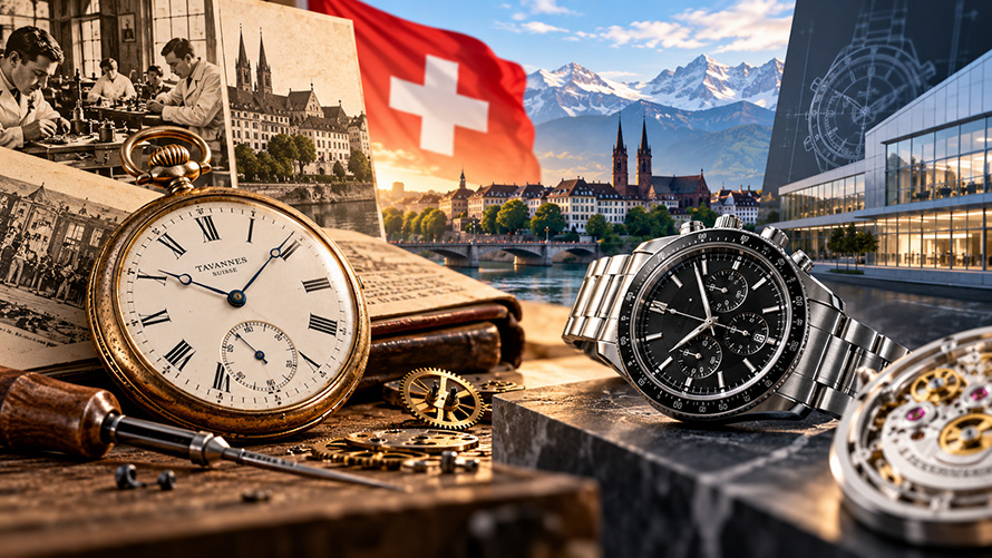 Collage of Swiss watchmaking: pocket watch, gears, chronograph, with Swiss landscape and flag in background.